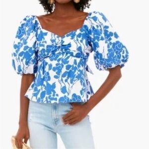 Hyacinth house Blue and White Floral Puff Sleeve Top